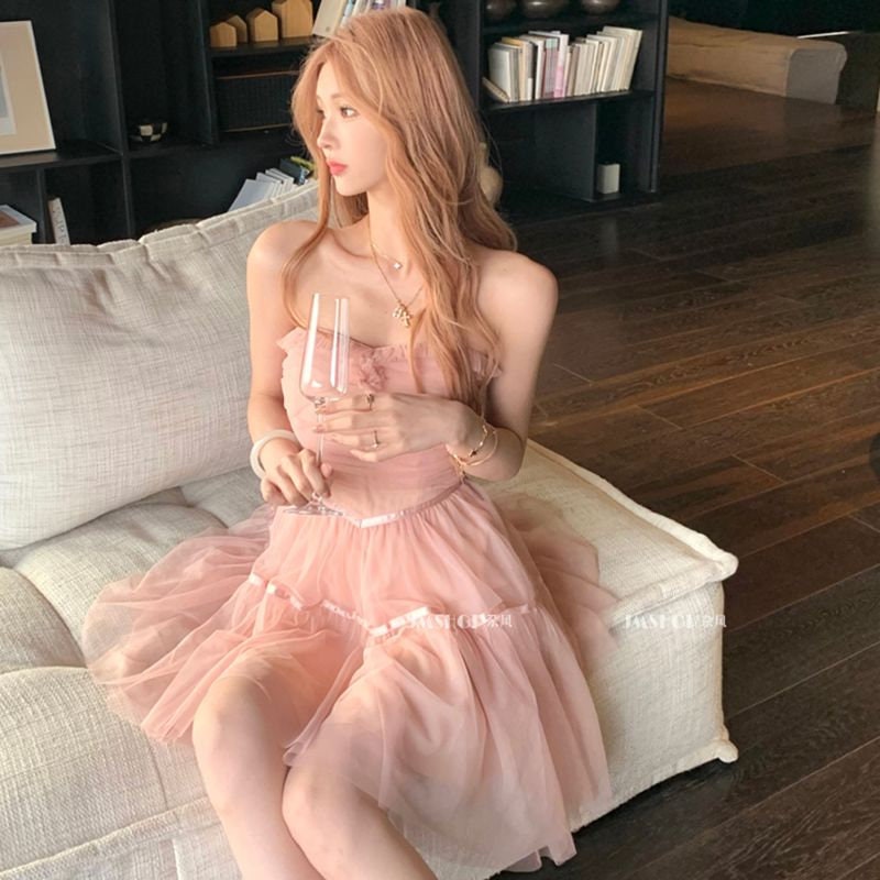 Korea Style Pink Sweet Corset Mini Dress for Women