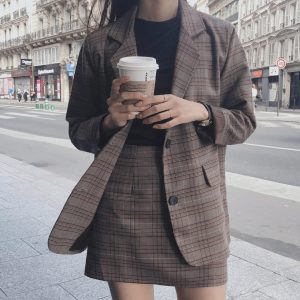 Korean Style Y2K Womens Blazer Skirt Set