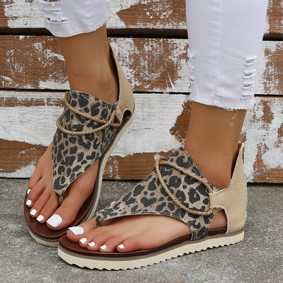 Leopard Print Flat Open Toe Sandals for Women