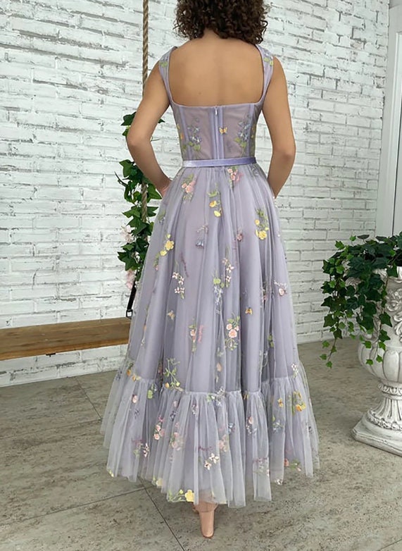 Lilac Fairy Prom Dress with Tea-Length Embroidery Lace Tulle