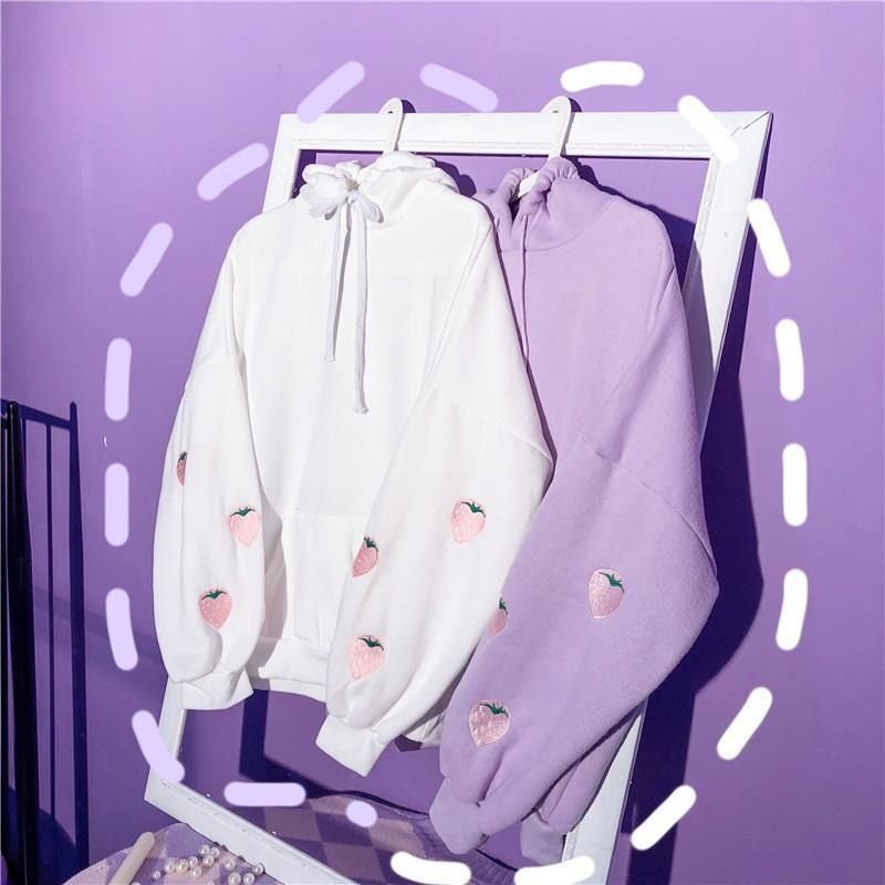 Lilac Strawberry Embroidered Hoodie - Soft Aesthetic Anime Sweatshirt