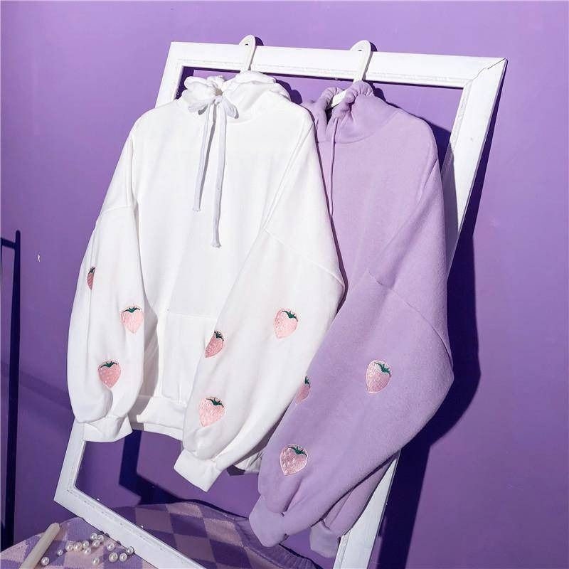 Lilac Strawberry Embroidered Hoodie - Soft Aesthetic Anime Sweatshirt