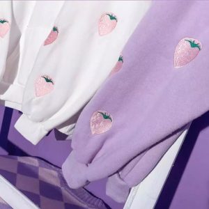 Lilac Strawberry Embroidered Hoodie - Soft Aesthetic Anime Sweatshirt