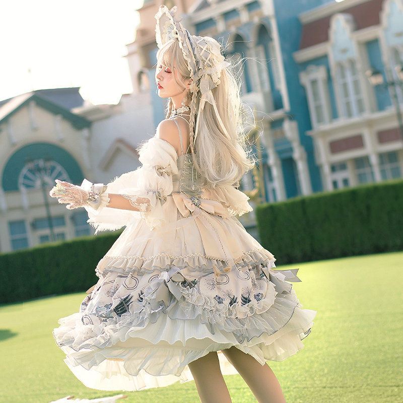 Luxury White Lolita Dress with Ruffles and Bridal Veil