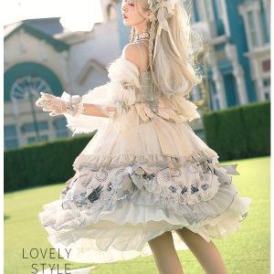 Luxury White Lolita Dress with Ruffles and Bridal Veil