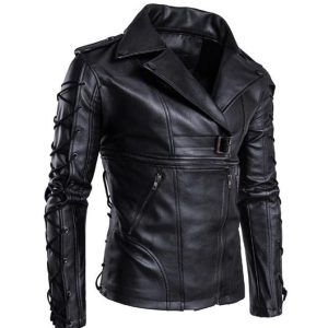 Men's Vegan Leather Biker Jacket with Adjustable Arm Lacing