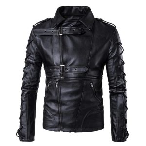 Men's Vegan Leather Biker Jacket with Adjustable Arm Lacing