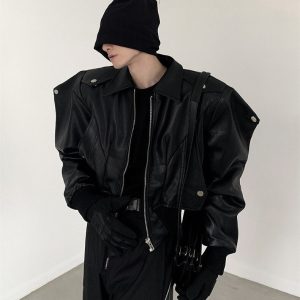 Men's Vegan Leather Bomber Jacket with Shoulder Pads