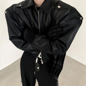 Men's Vegan Leather Bomber Jacket with Shoulder Pads