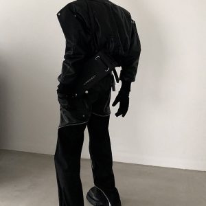 Men's Vegan Leather Bomber Jacket with Shoulder Pads