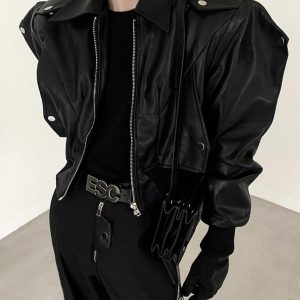 Men's Vegan Leather Bomber Jacket with Shoulder Pads