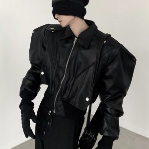 Men's Vegan Leather Bomber Jacket with Shoulder Pads