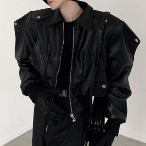 Men's Vegan Leather Bomber Jacket with Shoulder Pads