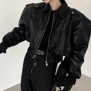 Men's Vegan Leather Bomber Jacket with Shoulder Pads