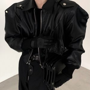 Men's Vegan Leather Bomber Jacket with Shoulder Pads