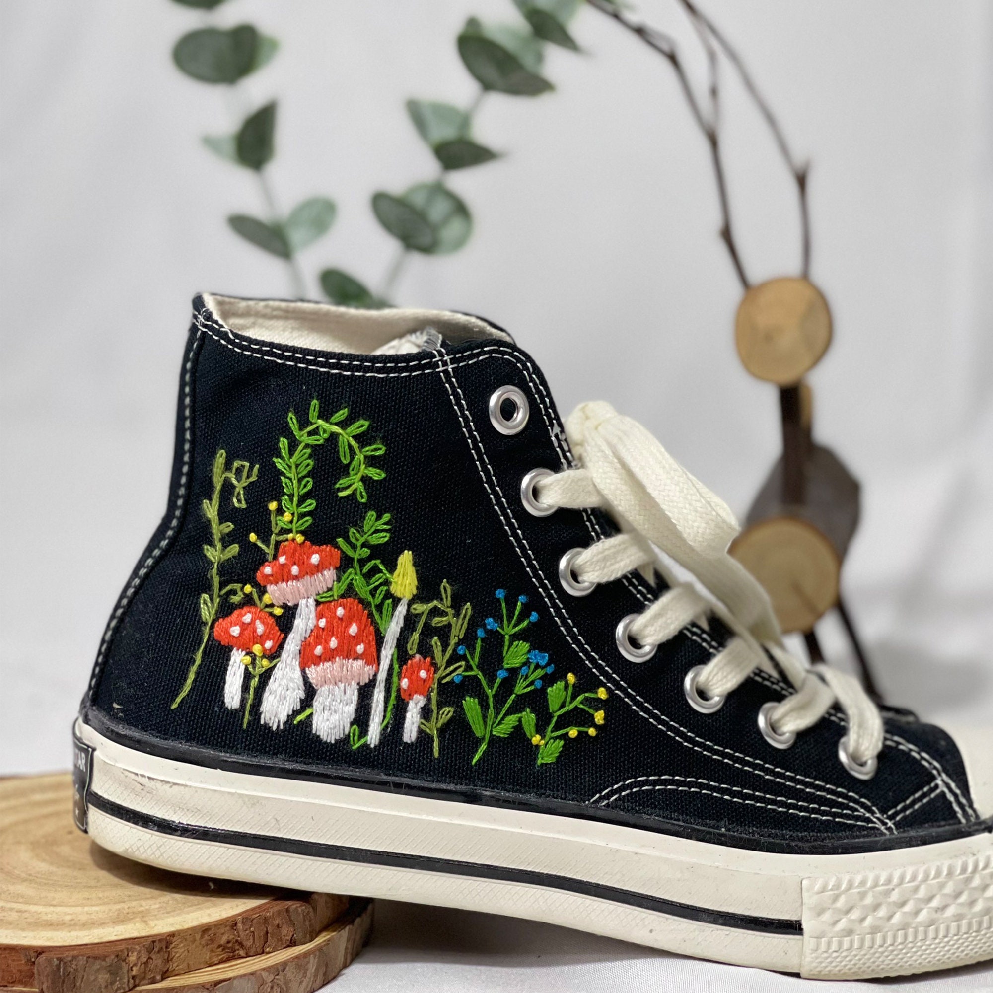 Mushroom Floral Embroidery Converse Shoes