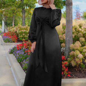 Muslim Women's Satin Kaftan Abaya Dress - Y2K Clothing