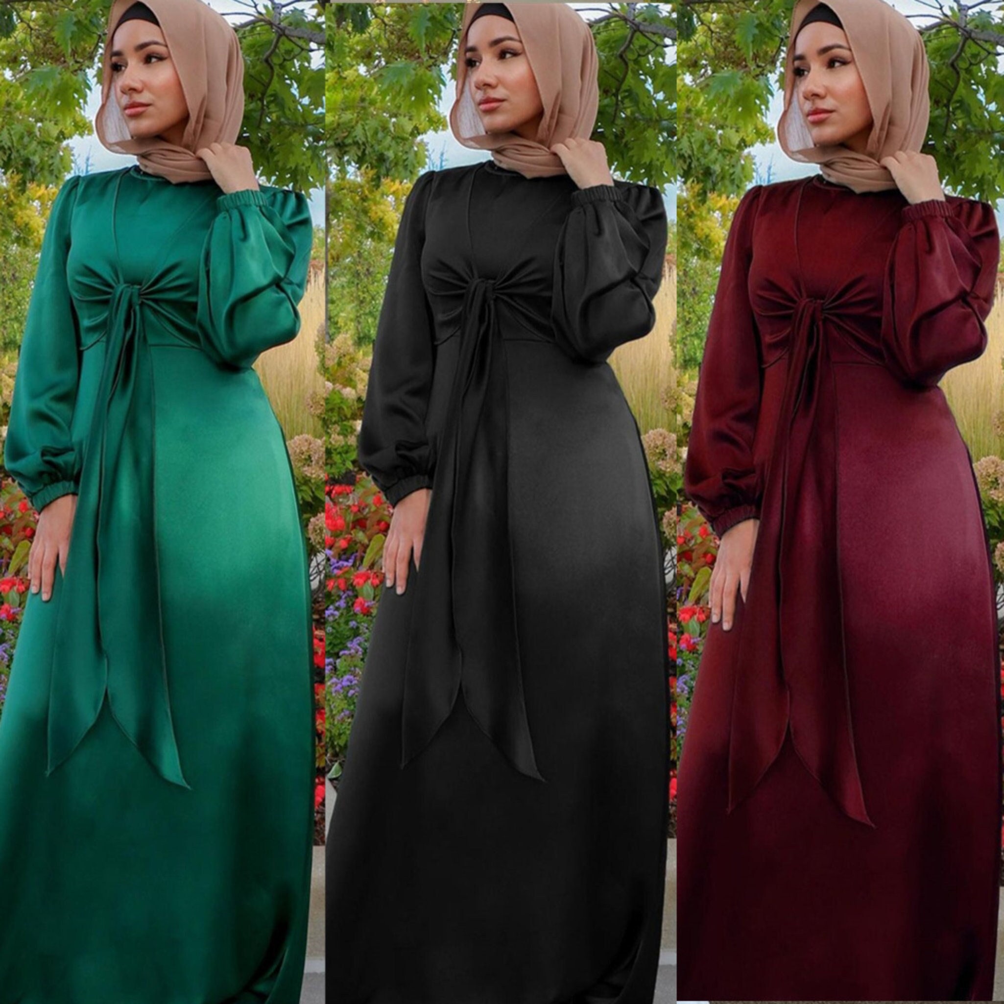 Muslim Women's Satin Kaftan Abaya Dress - Y2K Clothing