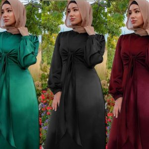 Muslim Women's Satin Kaftan Abaya Dress - Y2K Clothing