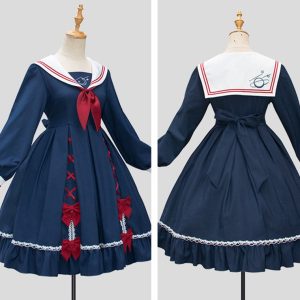 Navy Lolita Dress with Bowknot - Y2K Fashion