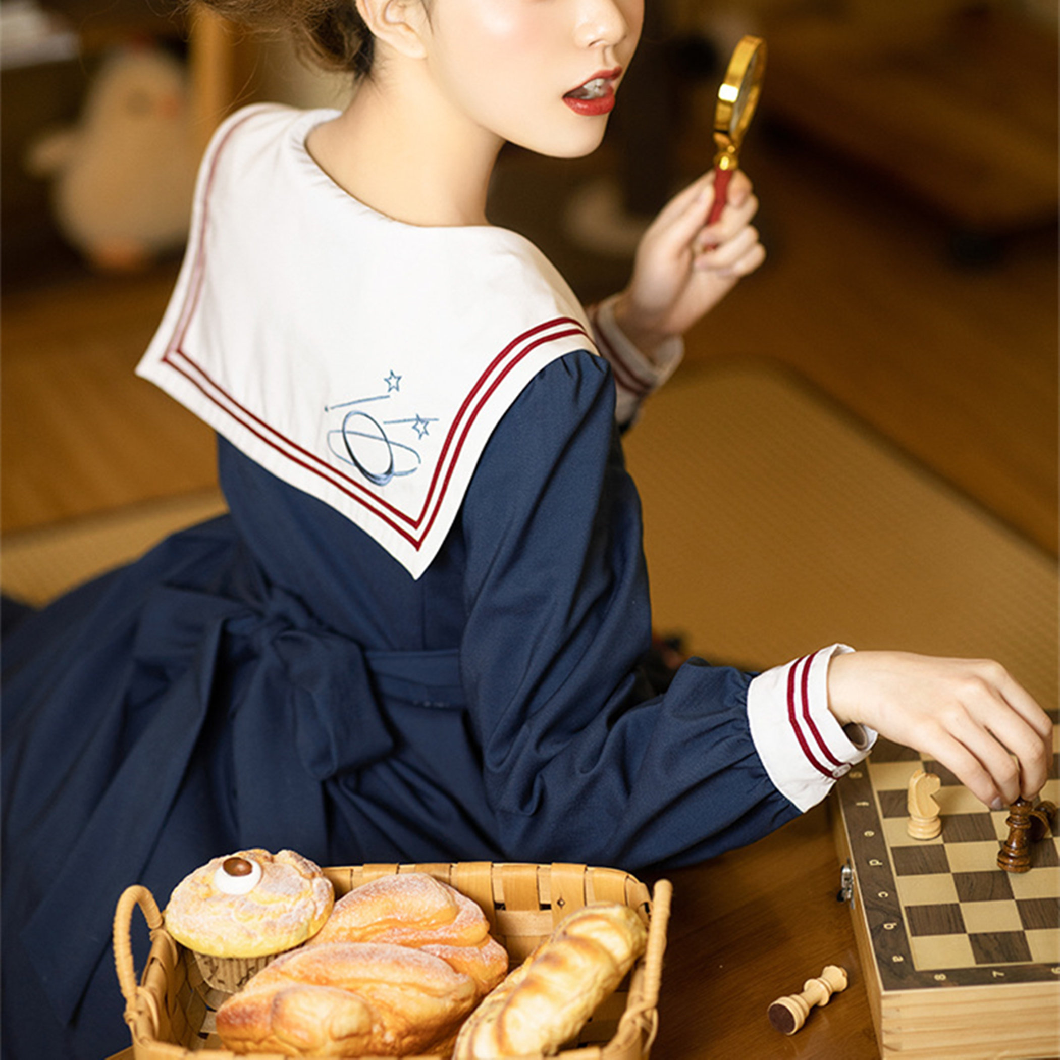 Navy Lolita Dress with Bowknot and Ruffles