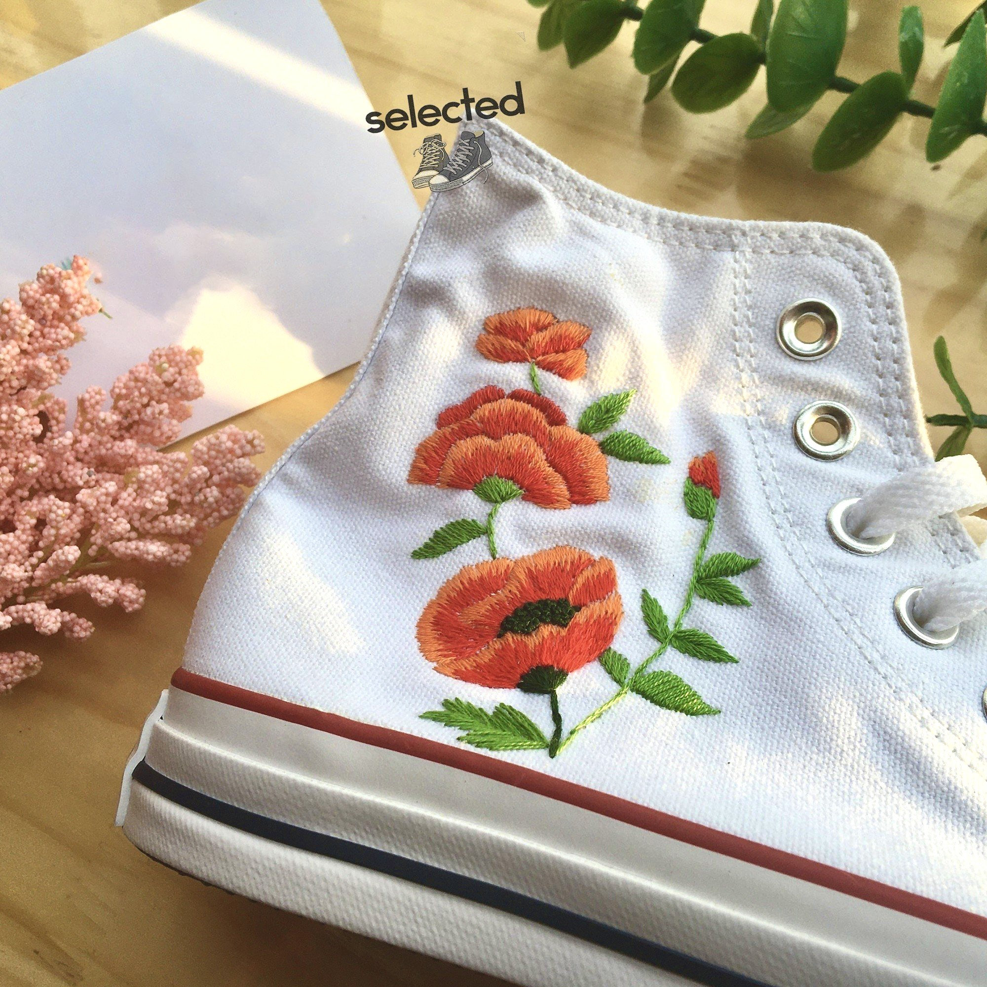 Orange Flower Embroidered Converse High Tops