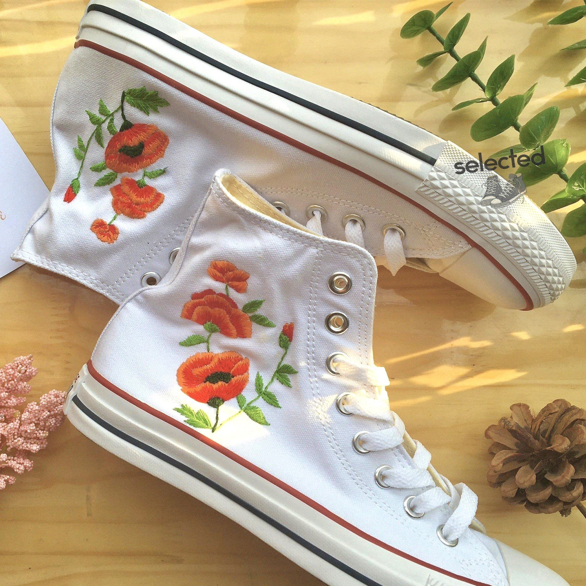 Orange Flower Embroidered Converse High Tops