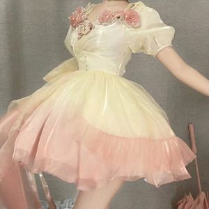 Pink Chiffon Lace Lolita Fashion Dress - Y2K Clothing