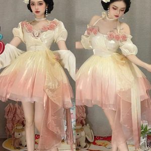 Pink Chiffon Lace Lolita Fashion Dress - Y2K Clothing