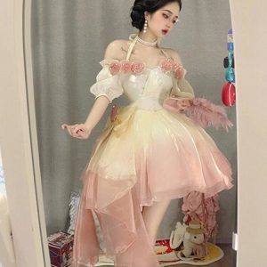 Pink Chiffon Lace Lolita Fashion Dress - Y2K Clothing