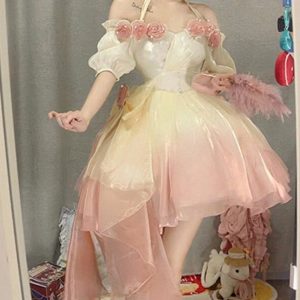 Pink Chiffon Lace Lolita Fashion Dress - Y2K Clothing