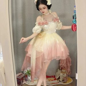 Pink Chiffon Lace Lolita Fashion Dress - Y2K Clothing