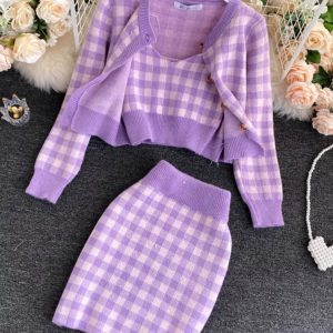 Pink Knit Gingham Skirt Set - Y2K Clothing