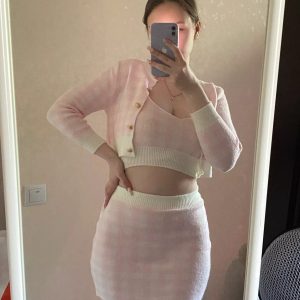 Pink Knit Gingham Skirt Set - Y2K Clothing