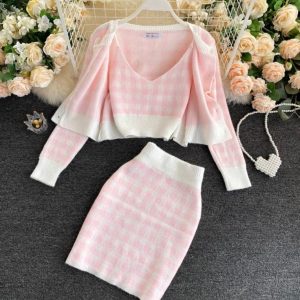 Pink Knit Gingham Skirt Set - Y2K Clothing