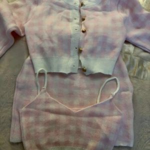 Pink Knit Gingham Skirt Set - Y2K Clothing