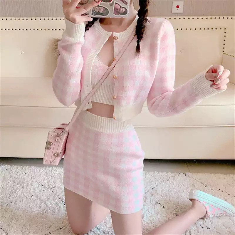 Pink Knit Gingham Skirt Set - Y2K Clothing