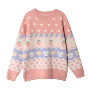 Pink Strawberry Sweater - Women's Y2K Fall/Winter Clothing