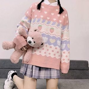 Pink Strawberry Sweater - Women's Y2K Fall/Winter Clothing