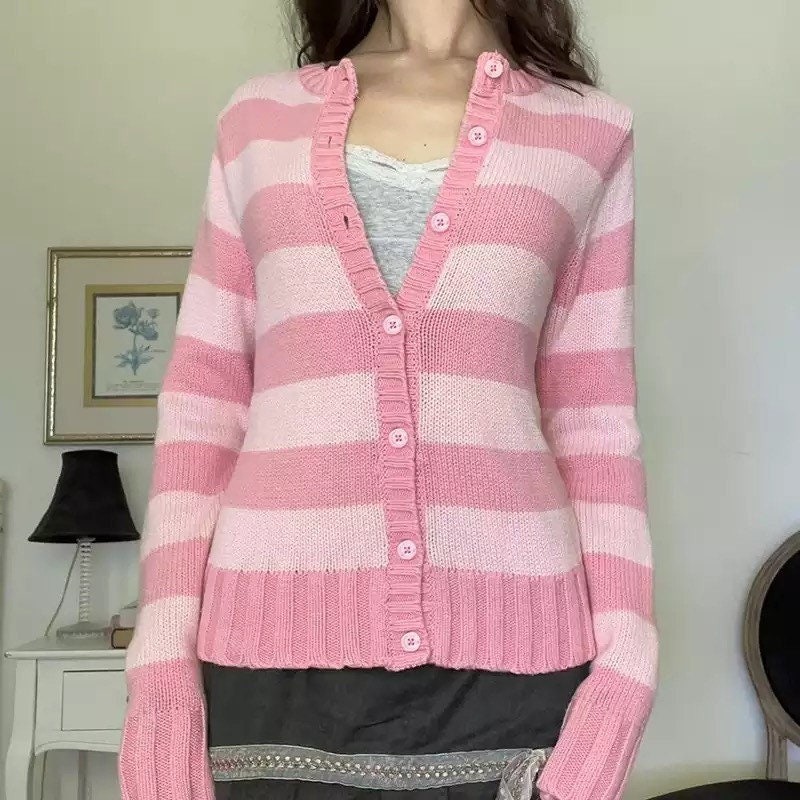 Pink Striped Button Down Jumper - Y2K Clothing