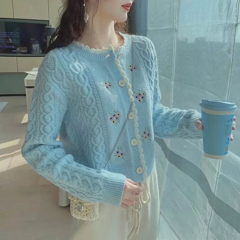 Preppy Floral Embroidery Knitted Sweater