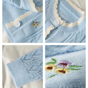 Preppy Floral Embroidery Knitted Sweater