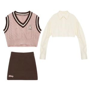 Preppy Korean Sweet Three Piece Kawaii Outfit