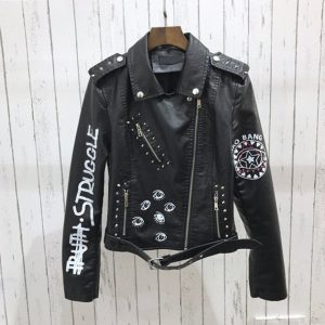 Punk Anarchy Style Letter Printed Leather Motorcycle Jacket