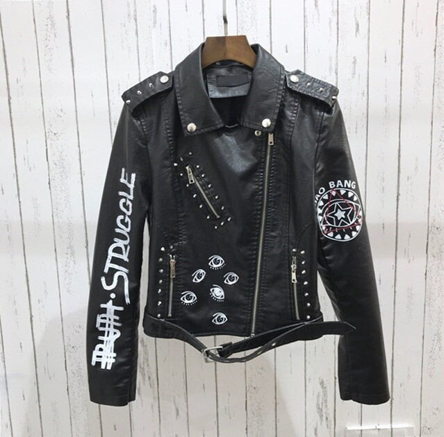 Punk Anarchy Style Letter Printed Leather Motorcycle Jacket