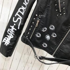 Punk Anarchy Style Letter Printed Leather Motorcycle Jacket