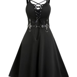 Punk Style Laced Up Ruffle Strap Women's Dress