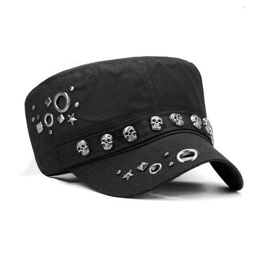 Punk Style Skull Rivet Peaked Flat Hat - Unisex Gothic Black Cap