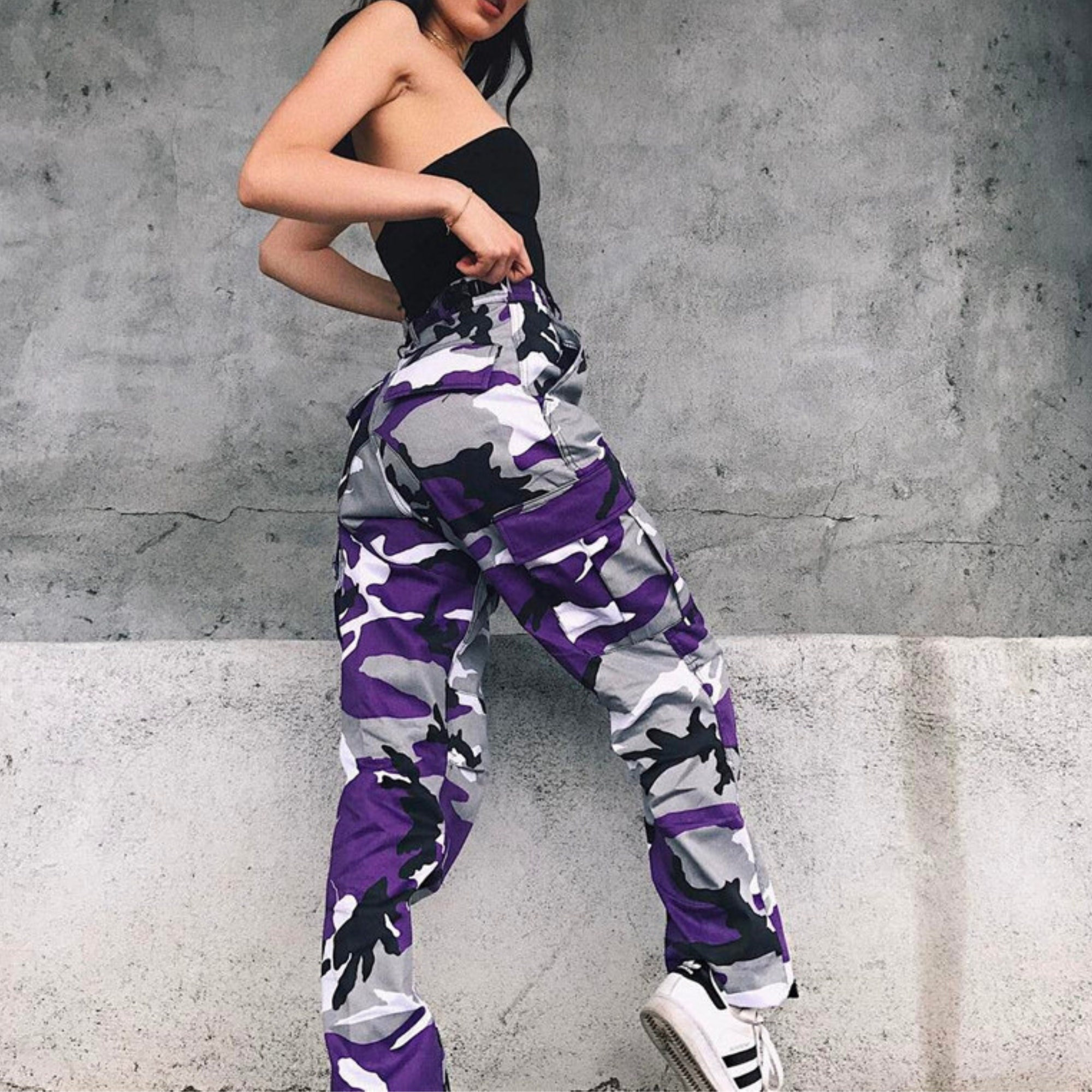 Purple High Waisted Wide Leg Cargo Pants for Women - Y2K Streetwear