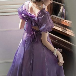 Purple Lace Dress with Big Bow - Y2K Clothing